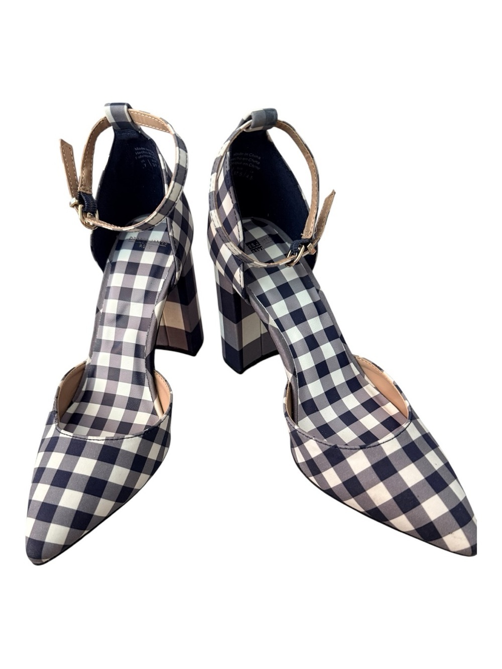 Draper James Pointed Toe navy Gingham Block Heel Ankle Strap collegiate formal 7